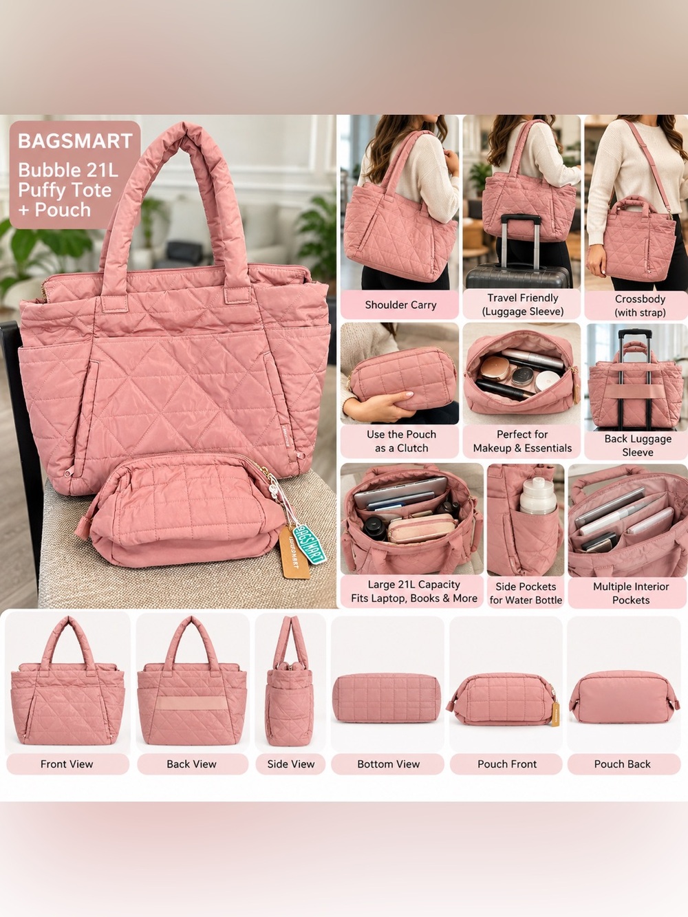 BAGSMART Bubble 21L Puffy Tote Pink Quilted Laptop Work Travel Bag + Pouch new